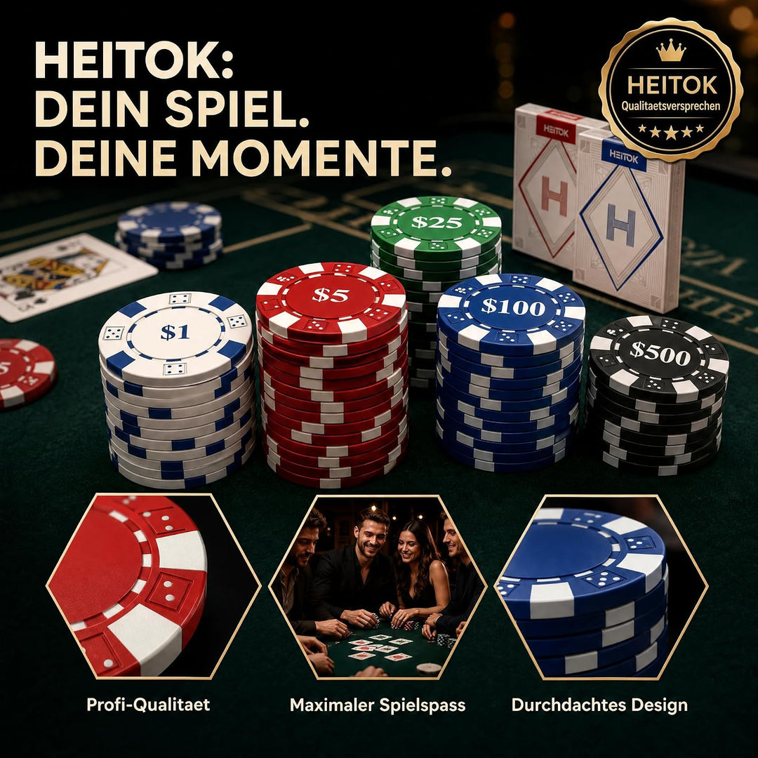 HEITOK Profi Pokerkoffer 1000 Chips Set 11,5g | Metallkern Chips im abschliessbaren Alu Koffer | Ink