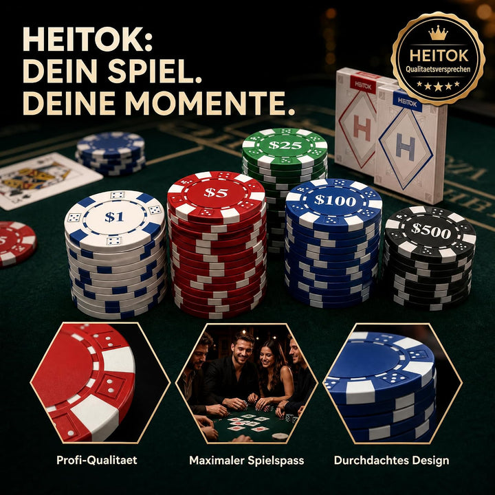 HEITOK Profi Pokerkoffer 1000 Chips Set 11,5g | Metallkern Chips im abschliessbaren Alu Koffer | Ink