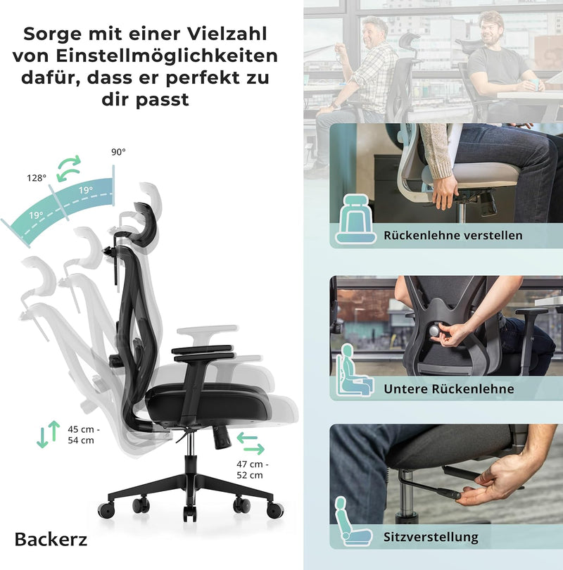 Backerz Bürostuhl Ergonomisch - Bürostühle 150kg, TUV & NEN 1335 zertifiziert - Office Schreibtischs