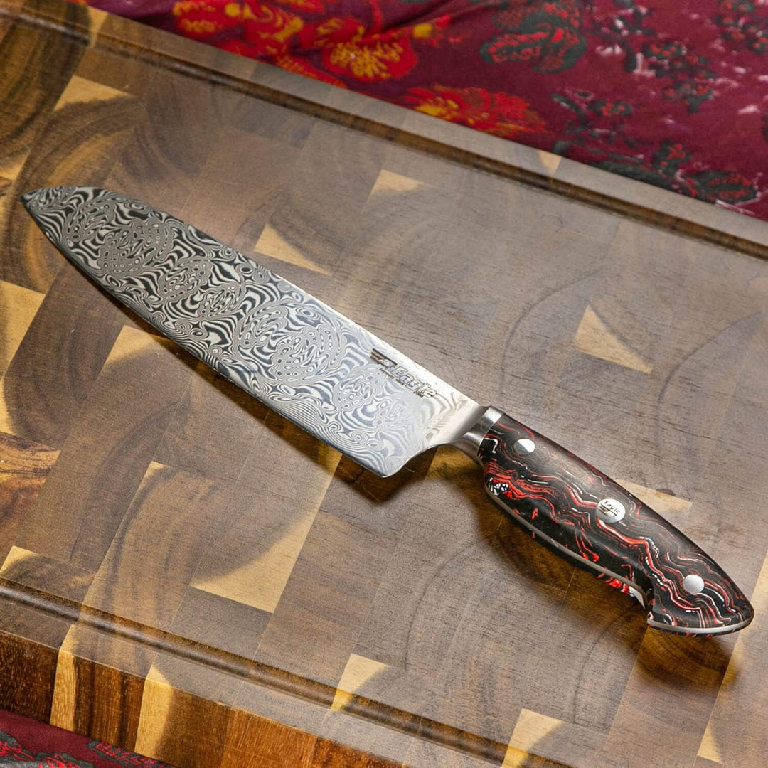 Eagle U-Grip - Santoku-Messer 18 cm - Voll-Damaststahl 108 Lagen/Heftschalen: G10 schwarz-rot-weiss