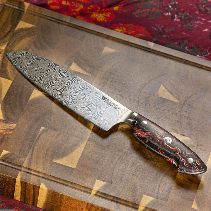 Eagle U-Grip - Santoku-Messer 18 cm - Voll-Damaststahl 108 Lagen/Heftschalen: G10 schwarz-rot-weiss