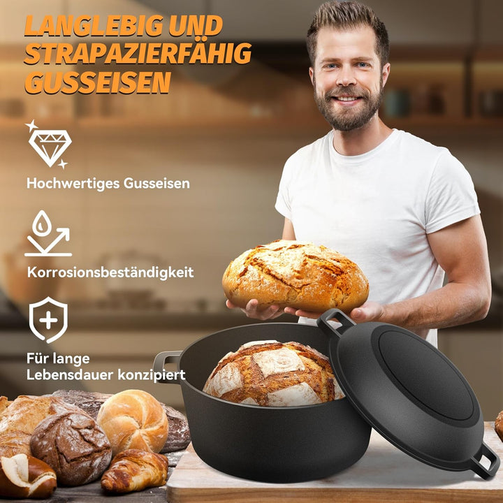 NZQXJXZ Gusseisen Topf Dutch Oven für Brotbacken, 26cm Brotbackform mit Banneton Brot Gärkorb Sauert
