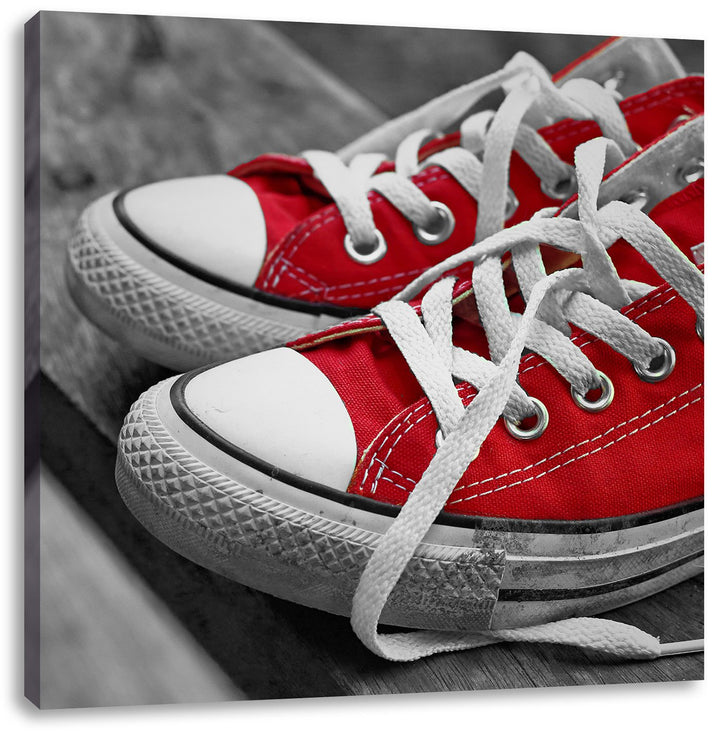 Pixxprint Coole rote Chucks Schuhe schwarz/weiss, Format: 70x70 auf Leinwand, 70x70