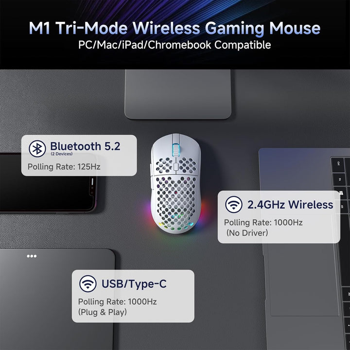 Dierya M1 Kabellose Gaming Maus, 24.000 DPI Optischer Sensor, 90g Leichtgewicht, 6 Programmierbare T