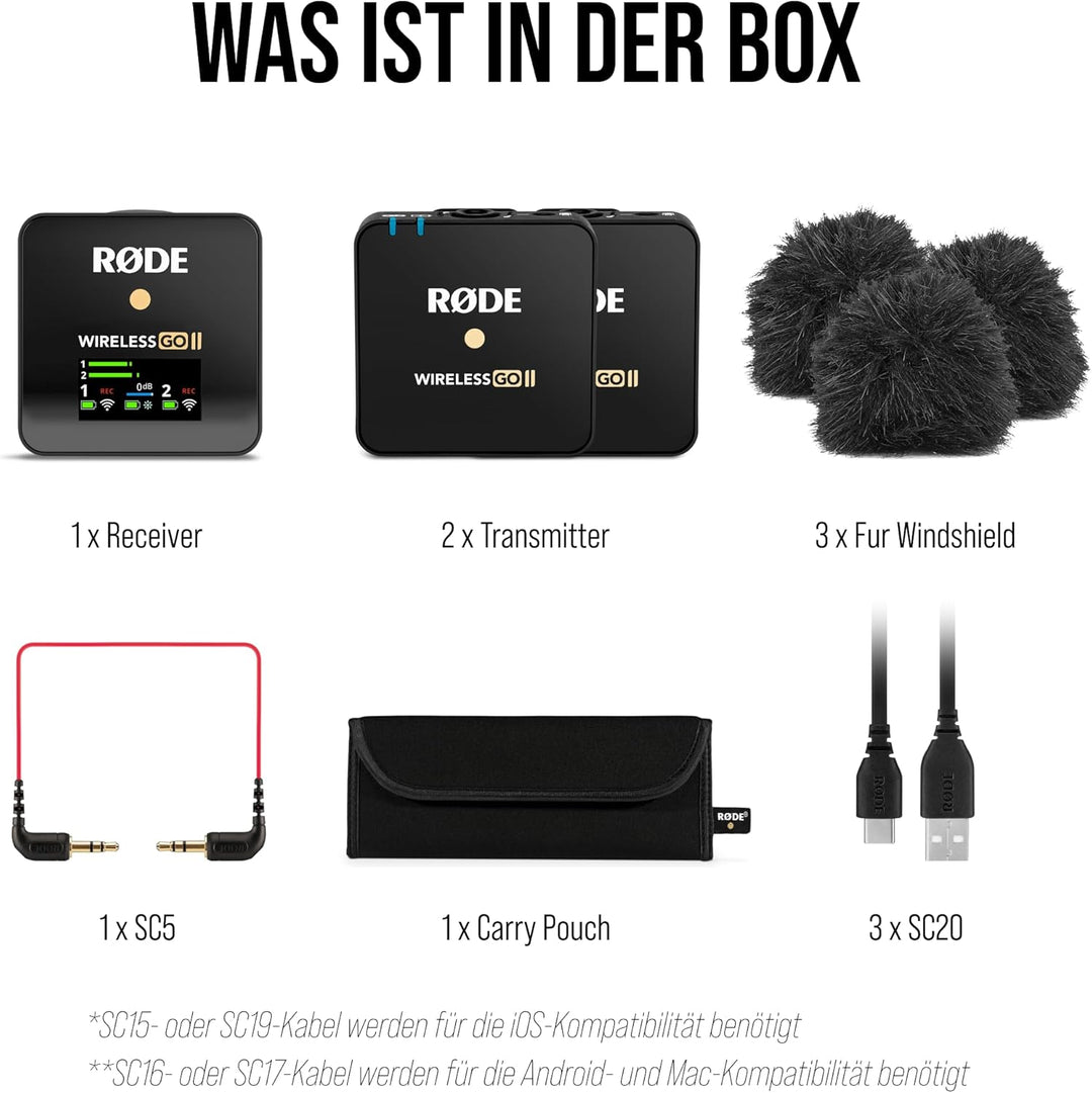 RØDE Wireless GO II Ultrakompaktes Kabelloses Zweikanal-Mikrofonsystem mit eingebauten Mikrofonen, i