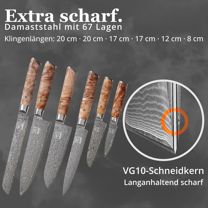 Wakoli Edib 6er Damastmesser Set mit Klingenlängen von 8,50cm bis 20,50cm extrem scharf aus 67 Lagen