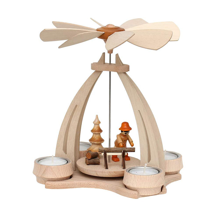 Dekohelden24 Tisch-Pyramide aus Buchenholz Waldarbeiter mit Säge, ca. 24 cm, Waldarbeiter mit Säge