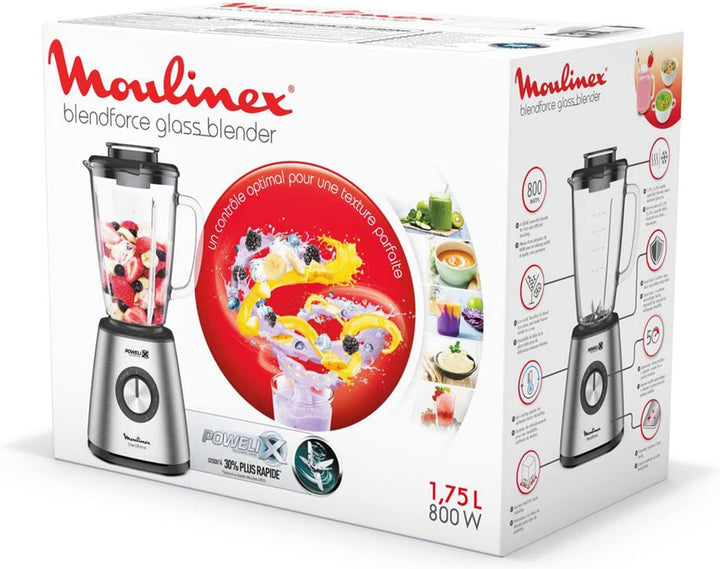 Moulinex Blendforce Standmixer aus Metall, Edelstahl, 800 W, 5 Geschwindigkeitsstufen, Thermoglas, 1