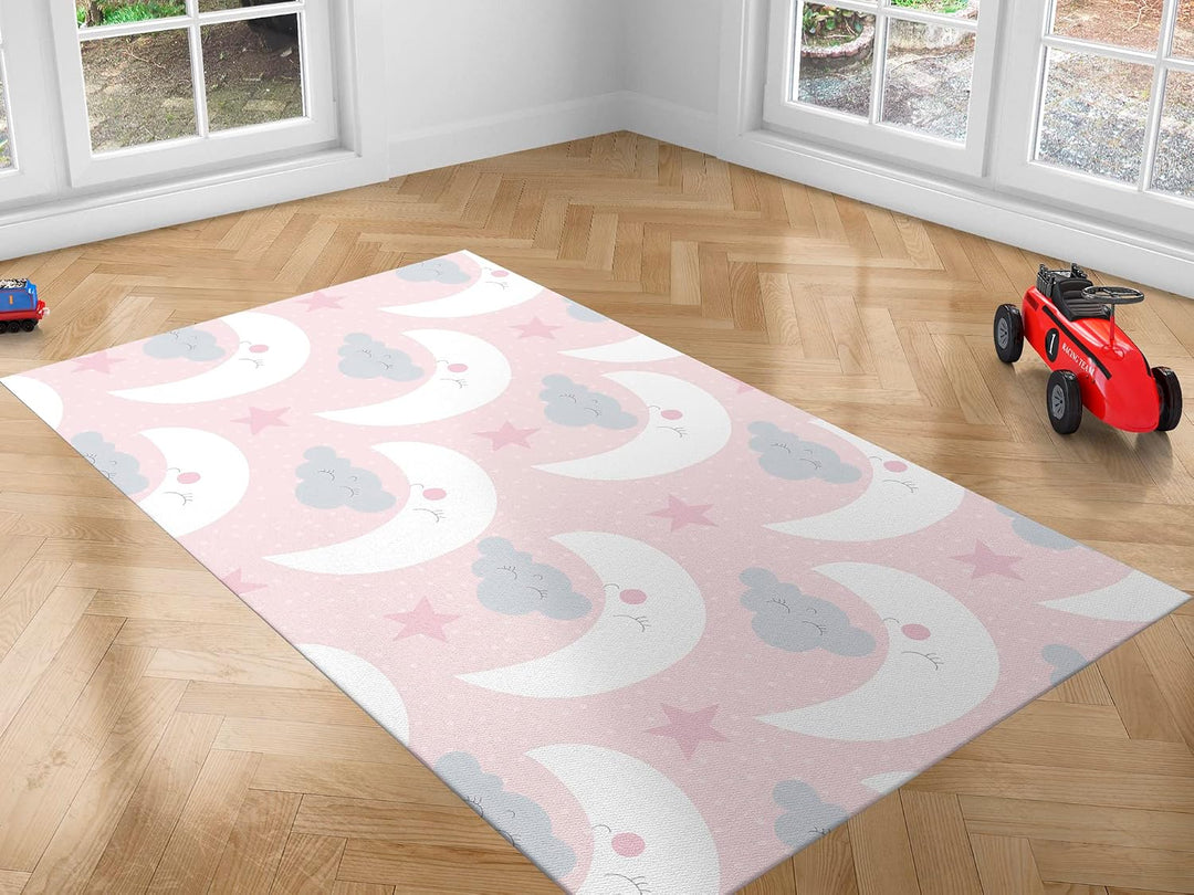 Kinderteppich Mond und Wolken PVC 95 cm x 133 cm | Teppich für Erwachsene PVC | Vinylboden für Erwac