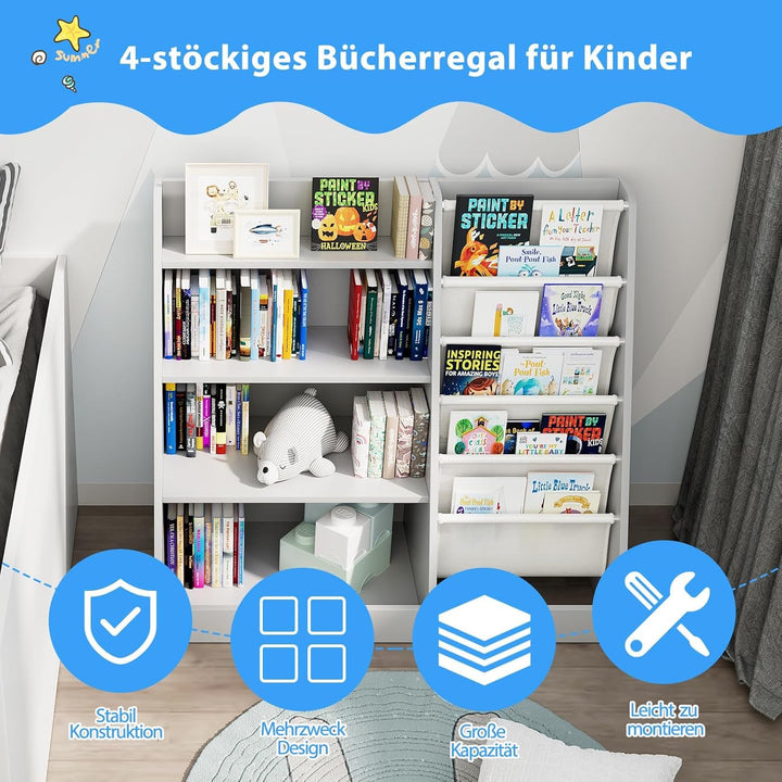 NACHES Kinderregal Bücherregal für Kinder, 90x40x80cm, mit 5 Ablage und 4 offenen Fächern, aus Holz,