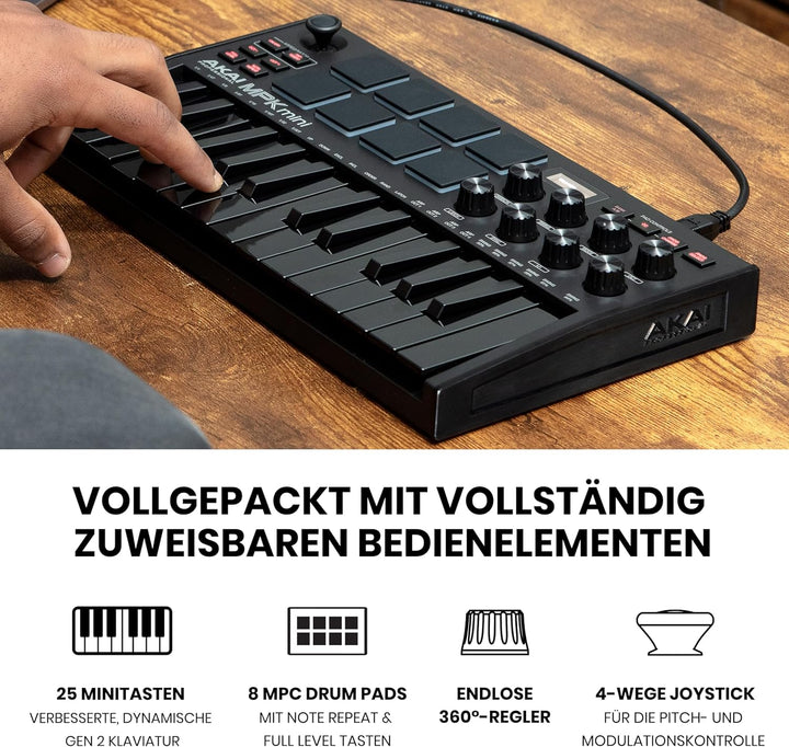AKAI Professional MPK Mini MK3 – 25-Tasten USB MIDI Keyboard Controller, 8 hintergrundbeleuchtete Dr