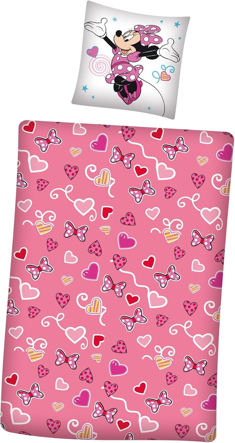 Minnie Mouse Winter-Bettwäsche Set 135x200 + 80x80 cm aus 100% Baumwolle · Rosa Biber-Bettwäsche mit