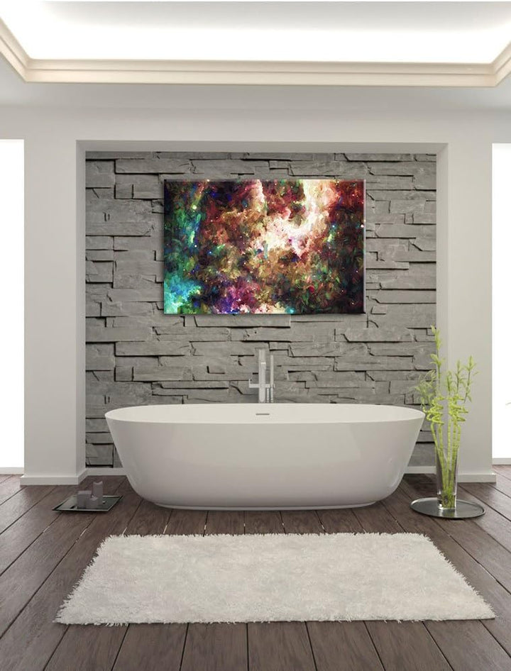 Pixxprint Bunte Nebelgalaxie und Sterne Kunst Pinsel Effekt, Format: 100x70 auf Leinwand, 100x70