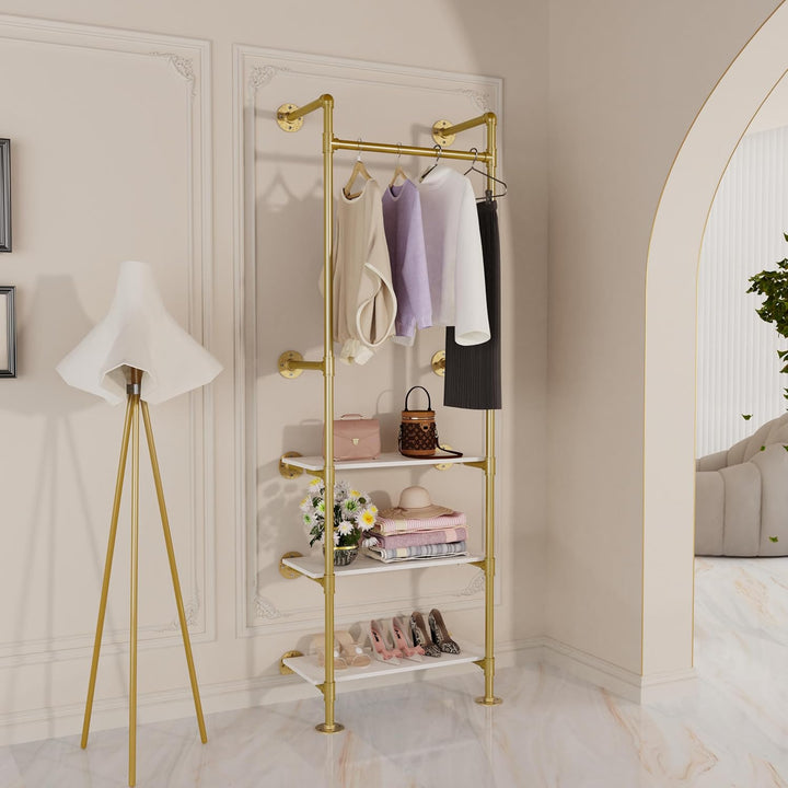 unho Kleiderstange zur Wandmontage, Wandgarderobe mit 3 verstellbare Ablagen im Industrierohrstil, W