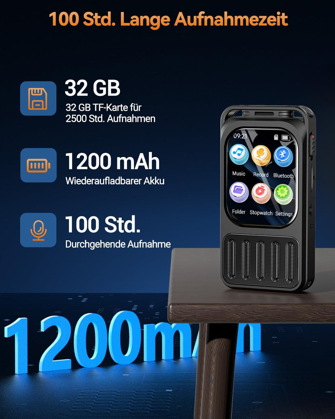 Diktiergerät mit 2 Zoll Touchscreen & Bluetooth, XIXITPY HD 100Std Aufnahmegerät mit DSP-Rauschunter