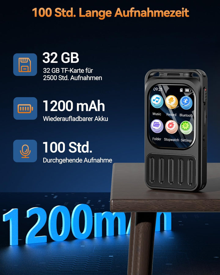 Diktiergerät mit 2 Zoll Touchscreen & Bluetooth, XIXITPY HD 100Std Aufnahmegerät mit DSP-Rauschunter