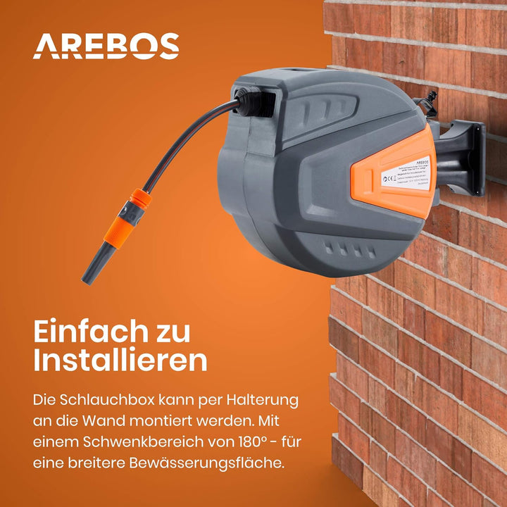 Arebos Schlauchaufroller | 20 m Schlauchtrommel | Wand-Schlauchbox mit Arretierstop &amp; 9 Sprühunktion