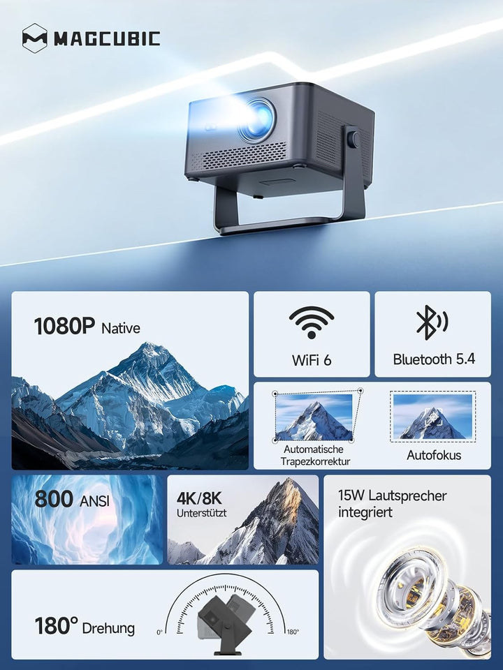 【Android 14 &amp; 800 ANSI】 Smart Beamer 4K Unterstützt 1080P Native Projektor Schwarz, Schwarz