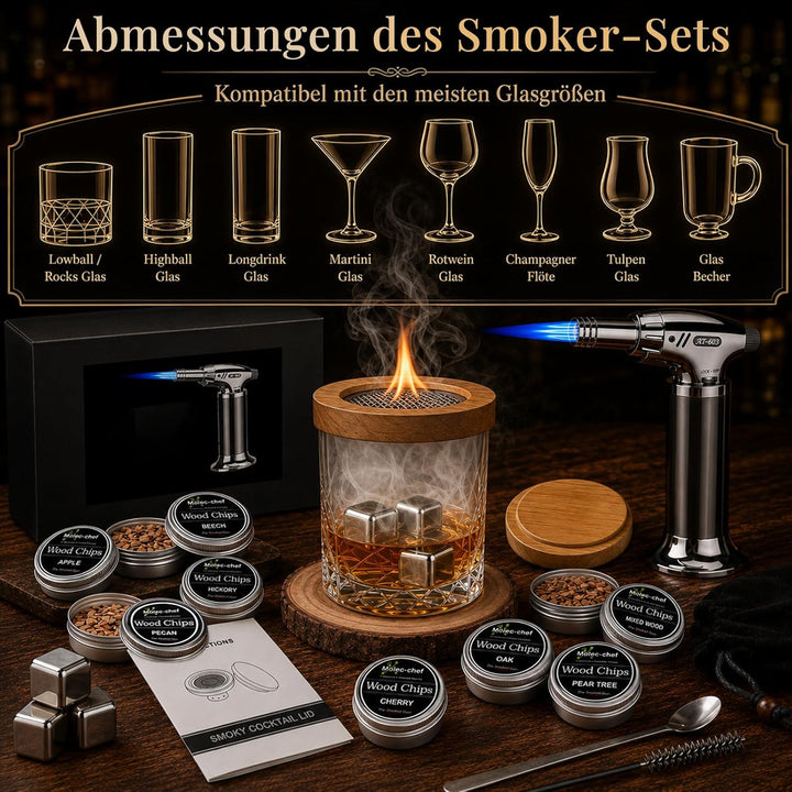 Whisky-Räucherset mit Fackel, Cocktail Räucher-Set mit 8 Holzsorten & Zubehör Drink Räucher-Kit für