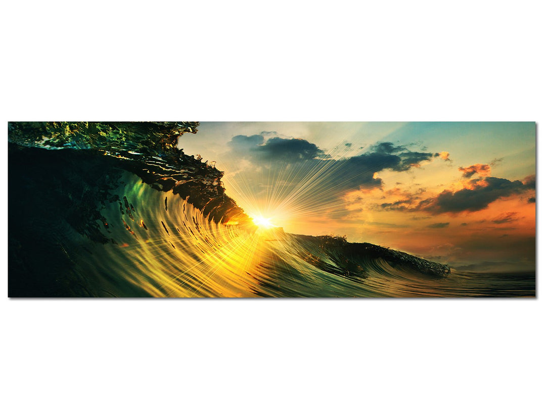 Paul Sinus Art Panoramabild auf Leinwand und Keilrahmen 120x40cm Meer Welle Wolkenhimmel Sonnenunter