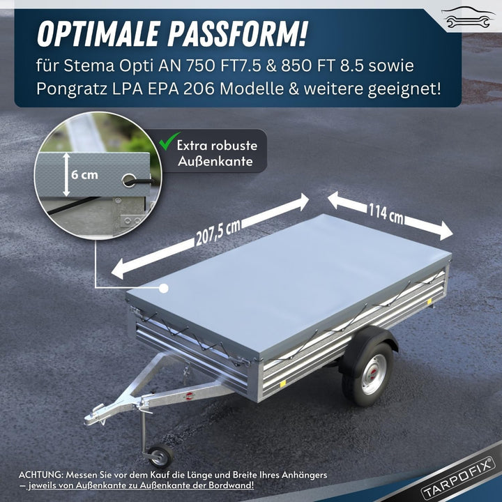 Tarpofix® Anhängerplane Flachplane 2075x1140x100 mm inkl. Planenseil - ECHTES PVC PLANENMATERIAL - E
