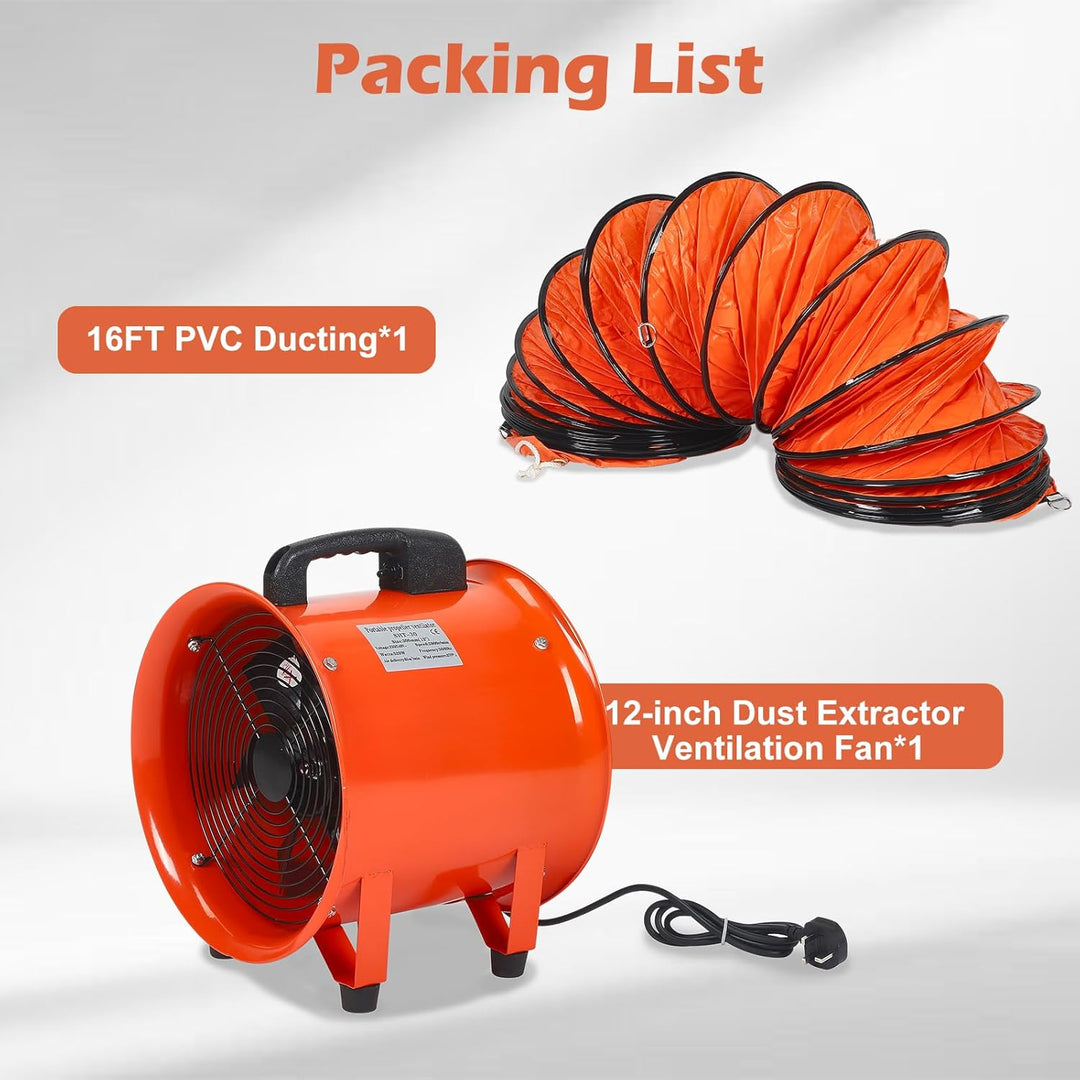12 Zoll Kanalventilator 520 W, Schlauch, Werkstatt und Rauchabsauggerät, 30 cm Staubabsaugung mit 5