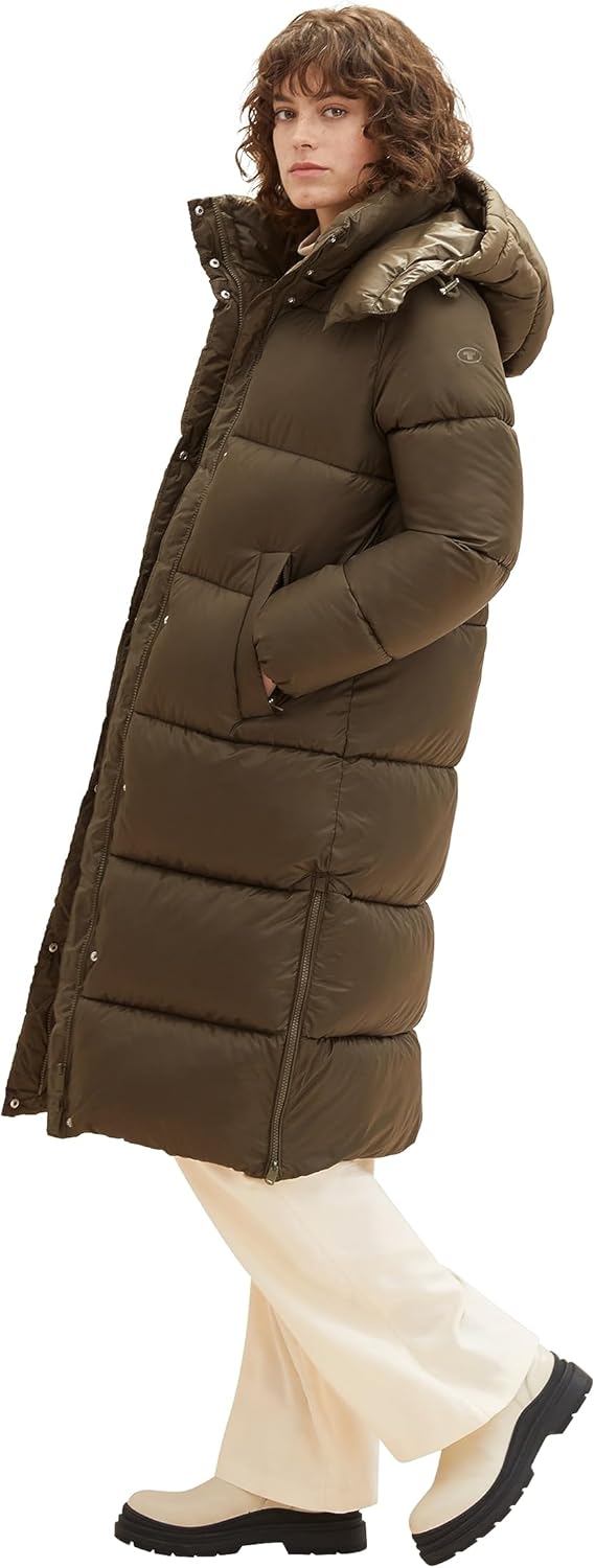 TOM TAILOR Damen Long Puffer Mantel mit abnehmbarer Kapuze M 11848 - Jungle Soil Green, M 11848 - Ju