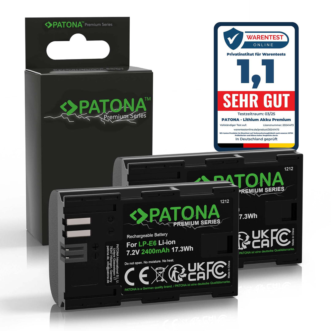 PATONA 2X Premium LP-E6 Akku 2400mAh Ersatzakku kompatibel mit Canon EOS 5D Mark II III IV 5DS R R5