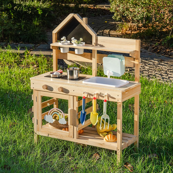 ROBUD Matschküche für Kinder Outdoor, Kinderküche Holz mit Echtem Wasserhahn & Wassertank, Gartenger