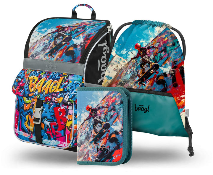 Baagl Schulranzen Mädchen Set 3 Teilig (Zippy Schultasche für 1. Klasse, Mäppchen, Turnbeutel), Grun