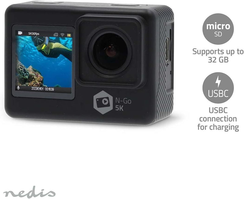 Nedis Action Cam - 5K@30fps - 16 MPixel - Wasserdicht bis: 30.00 m - 80 min - Wi-Fi - App erhältlich