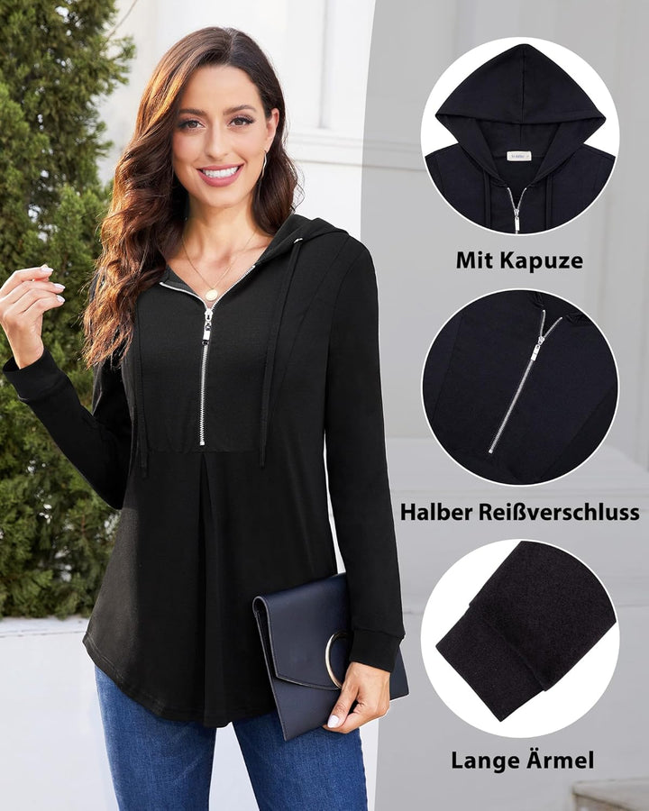 Siddhe Pullover Damen Hoodie 1/4 Zip Farbblock Sweatshirt Kapuzenpullover Tunika mit Reissverschluss