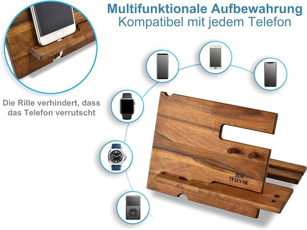 Holz Telefon Dockingstation Nussbaum mit Schlüsselanhänger Geldbörsenständer & Uhren Organisator Her