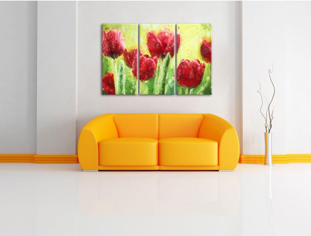 Pixxprint Rote Tulpen mit Tropfen bedeckt / 3-Teilig/Gesamtmass 120cm Leinwandbild bespannt auf Holz