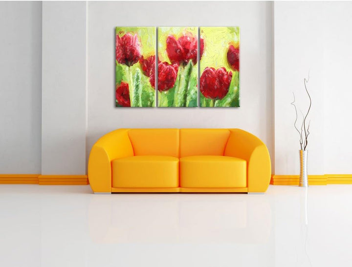Pixxprint Rote Tulpen mit Tropfen bedeckt / 3-Teilig/Gesamtmass 120cm Leinwandbild bespannt auf Holz