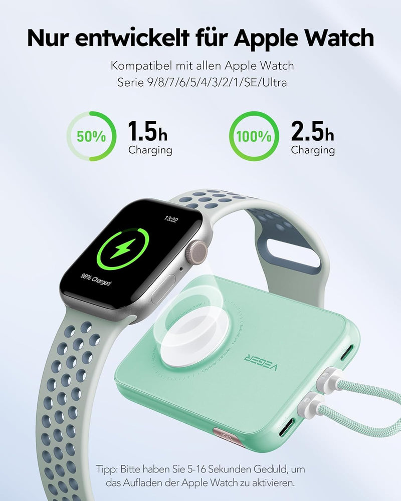 VEGER Mini Power Bank 20W PD, 10000mAh Powerbank mit Apple auf USB C Kabel, mit Apple Watch Laden, 2