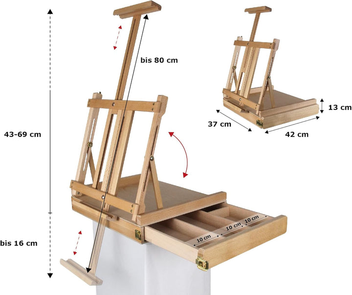 Paintersisters Professionelle Tischstaffelei, Sitzstaffelei aus FSC Buchenholz, Keilrahmen bis 80cm,