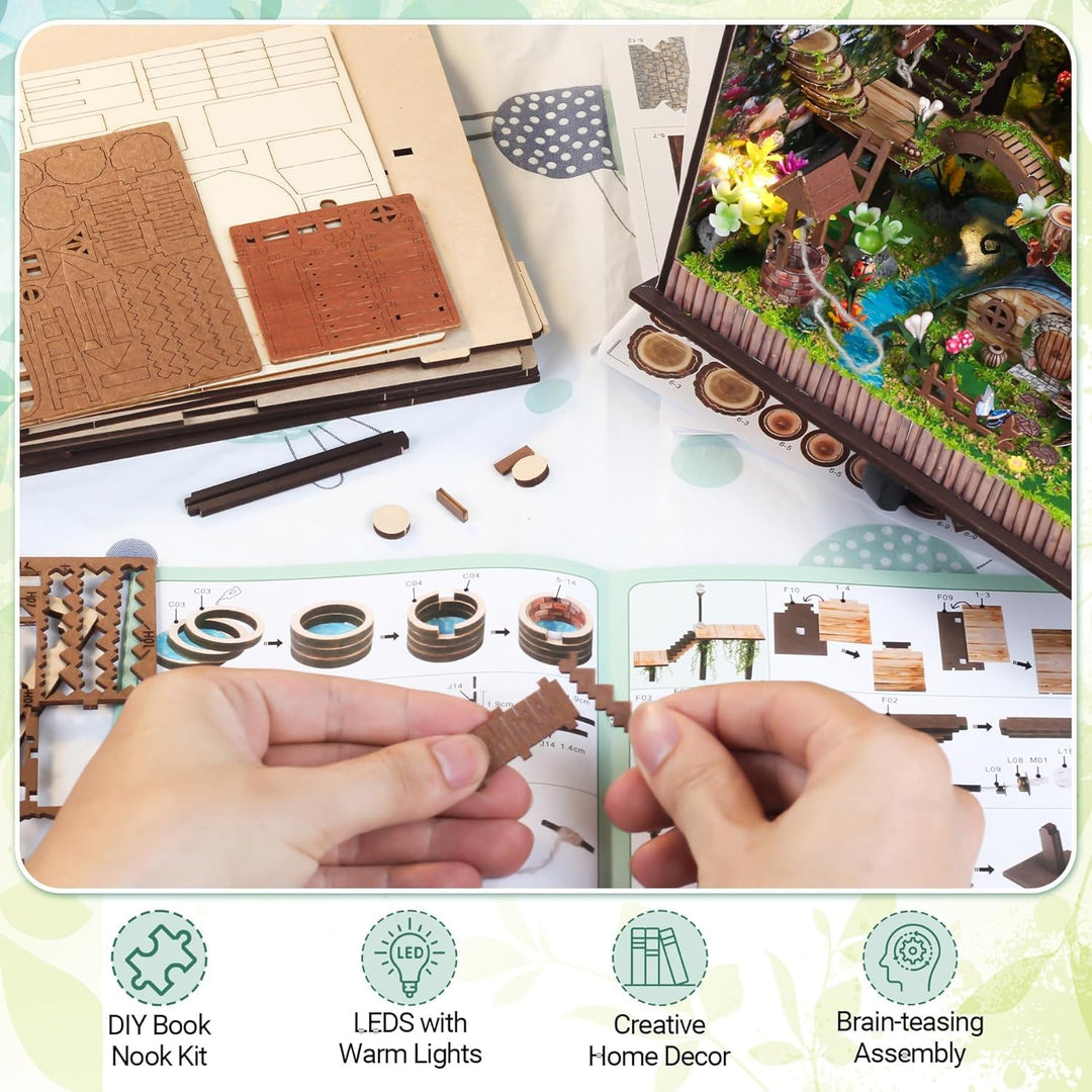 DIY Book Nook Kit, Puppenhäuser Miniatur Haus Kit mit Staubschutzhülle LED-Licht 3D Puzzle Aus Holz