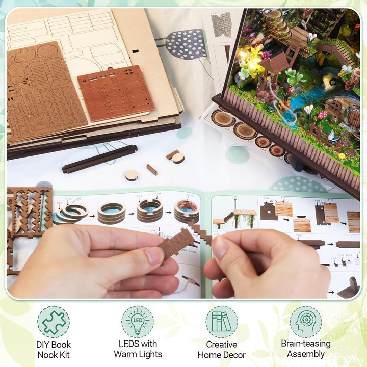 DIY Book Nook Kit, Puppenhäuser Miniatur Haus Kit mit Staubschutzhülle LED-Licht 3D Puzzle Aus Holz