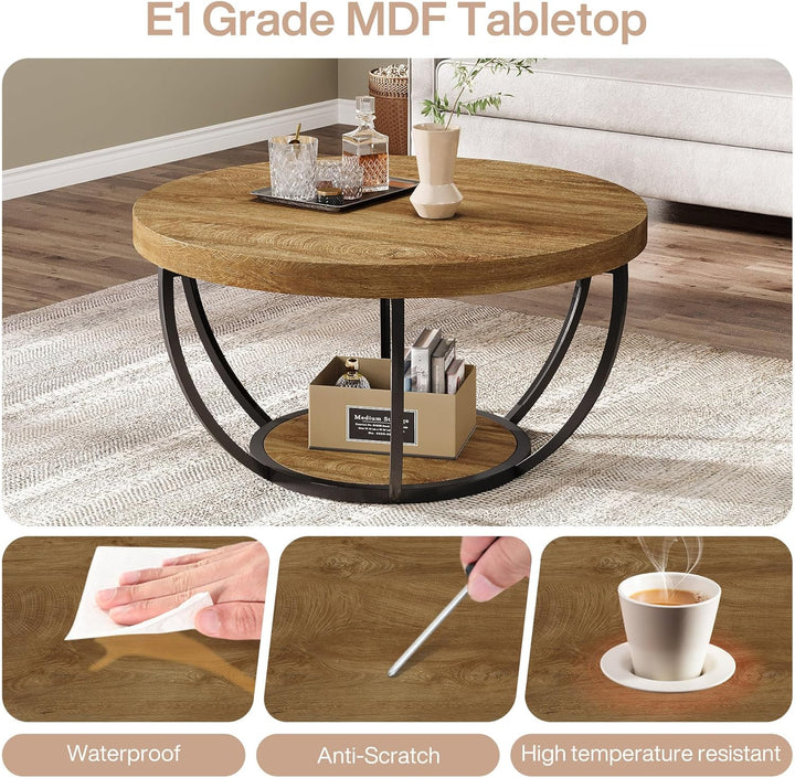 Tribesigns Runde Couchtisch, Industrial 2-Tier-Kreis Couchtisch mit Lagerung Regale, Moderne hölzern