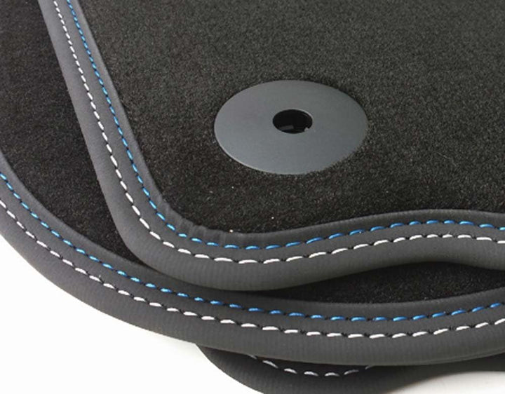 Fussmatten passend für Golf 5 6 Premium Velours Qualität Automatten 4-teilig Doppelnaht blau/weiss