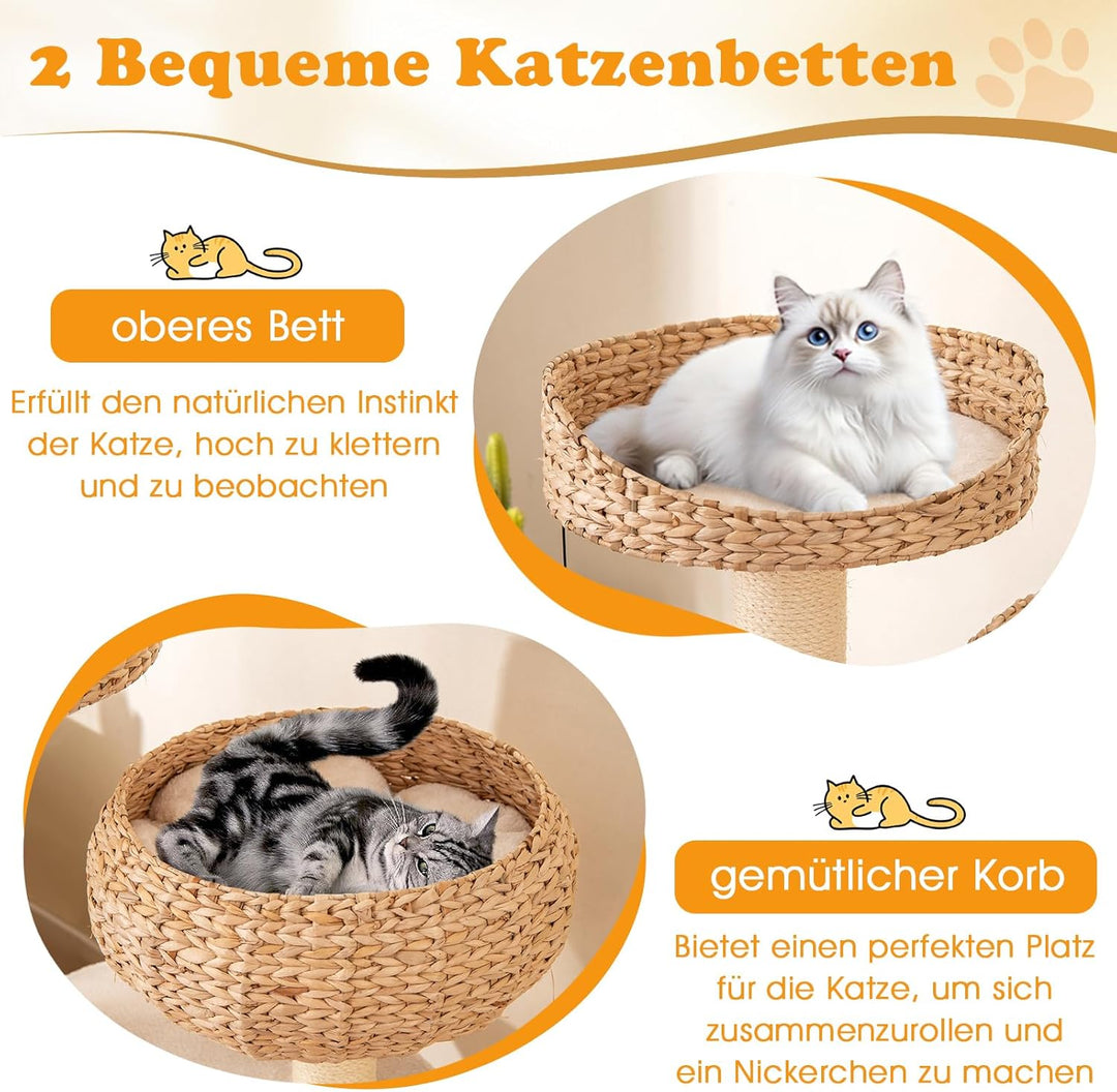 GYMAX Kratzbaum 104 cm, Katzenbaum Rattan mit Korb, Sisalstämme, Hängender Ball &amp; eine Schlinge, Sta