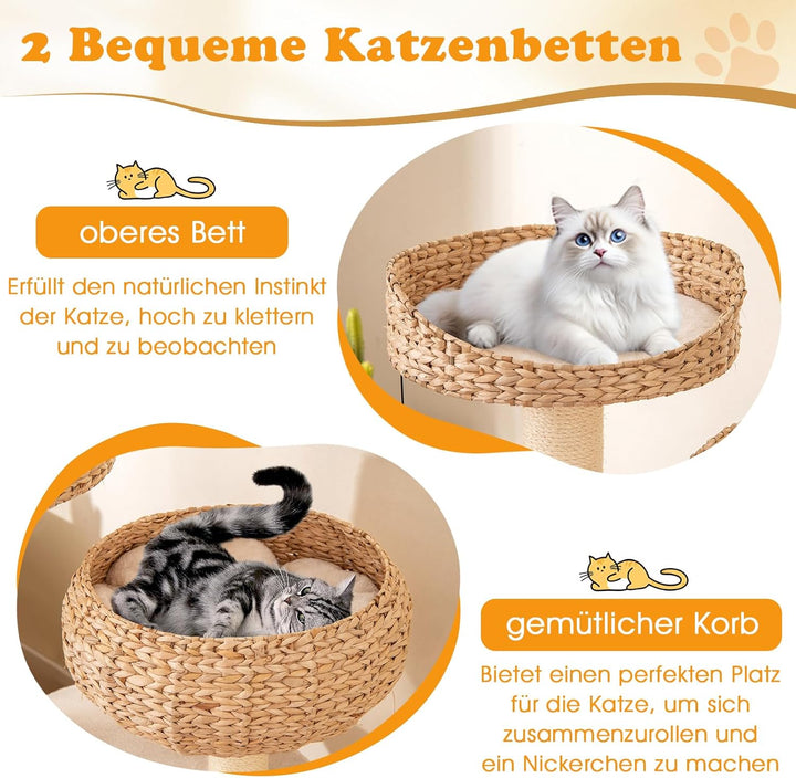 GYMAX Kratzbaum 104 cm, Katzenbaum Rattan mit Korb, Sisalstämme, Hängender Ball &amp; eine Schlinge, Sta