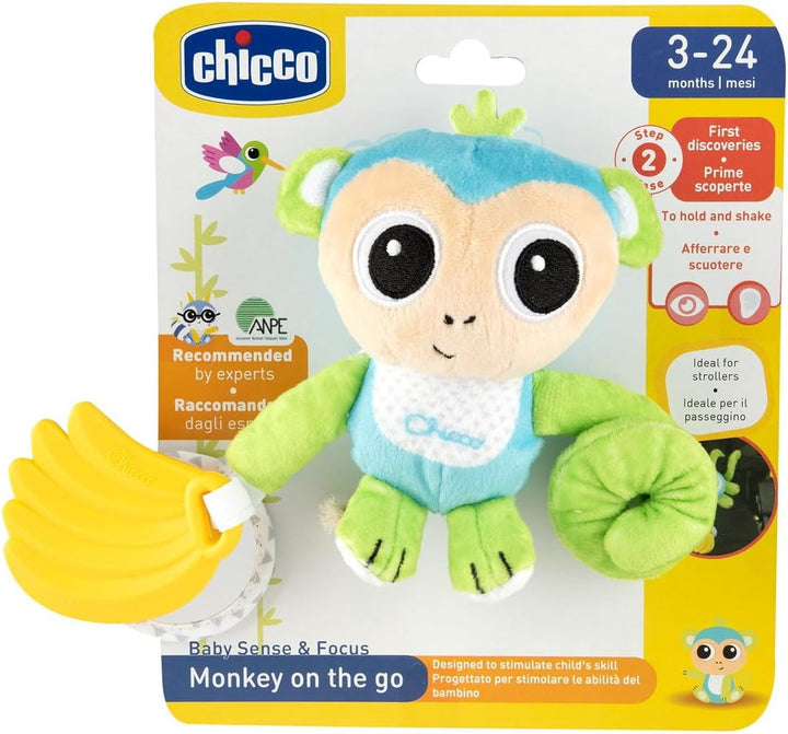 Chicco Tragbare Affenrassel, niedliche kleine Affenrassel mit langem Arm und elastischem Riemen zur