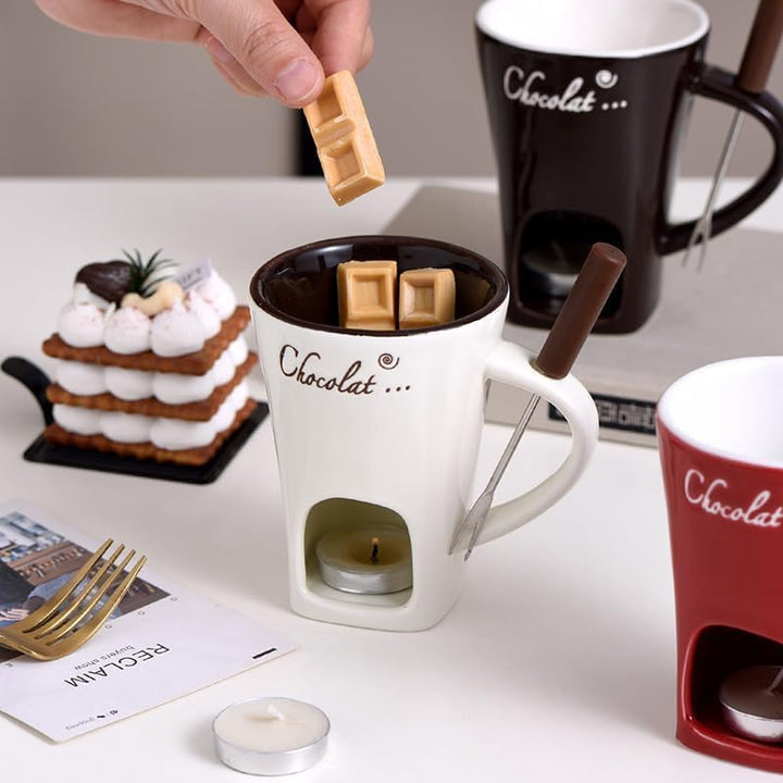 Generisch Schokofondue Tasse mit Gabel und Kerze, Tasse zum Schokolade Schmelzen, Keramik Schokolade