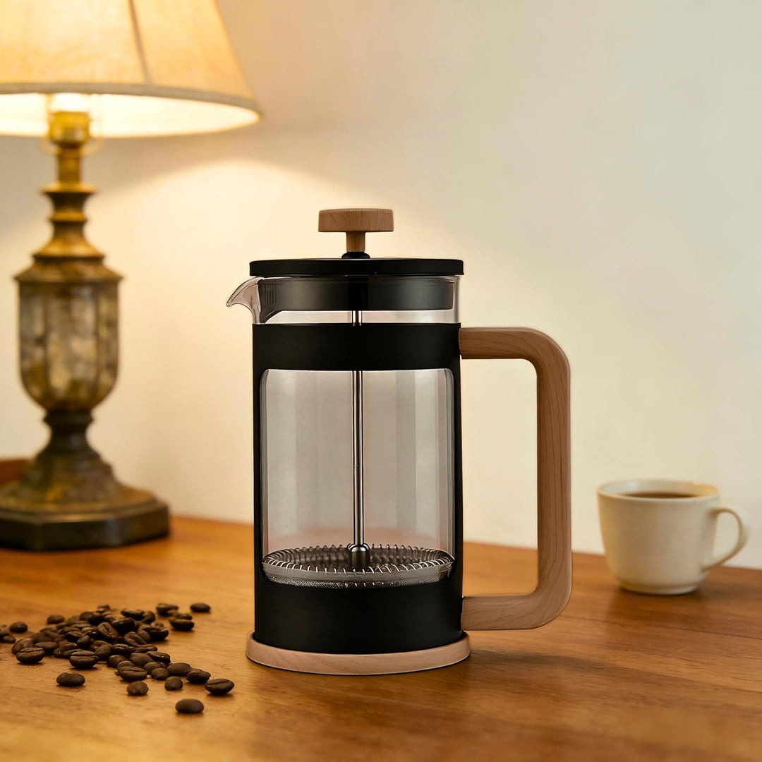 Generisch French Press Kaffeebereiter, 1 L, mattschwarz, Holzoptik-Griff, hitzebeständiges Glas, Ede