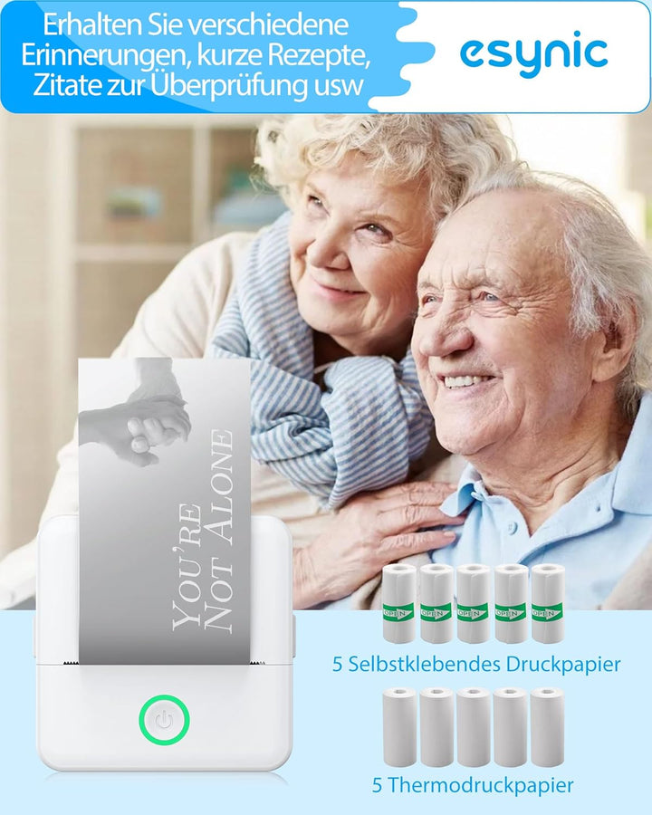 eSynic Tragbarer Mini-Drucker, kompatibel mit Android und iOS, Thermodrucker ohne Tinte oder Toner,