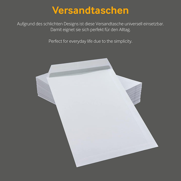 250 Stück, Versandtaschen, C4, ohne Fenster, weiss, Haftklebend, 229 x 324 mm, Briefumschläge, Kuver