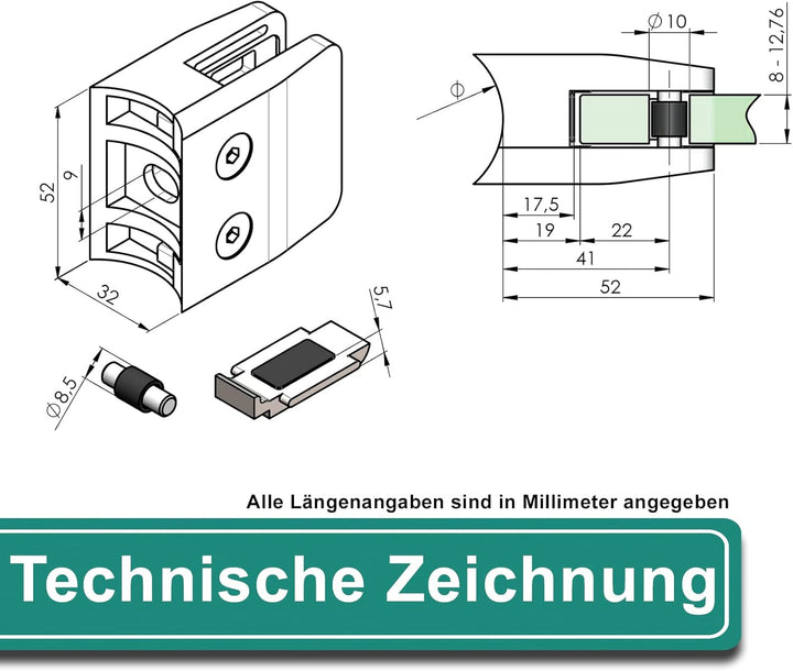 PRIOstahl Glashalter 4 Stück Glasklemme Klemmhalter Glashalter mit Sicherungsplatte + Sicherungsstif