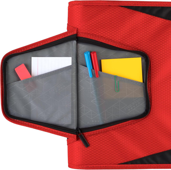Five Star Reissverschluss-Binder, 3,8 cm 3-Ringbuch für Schule, 3 Fächer, 500 Blatt Kapazität, Rot (
